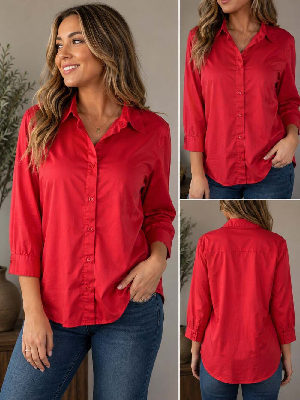 Van Heusen Studio Women's Red 3/4 Sleeve Button-Down Stretch Shirt